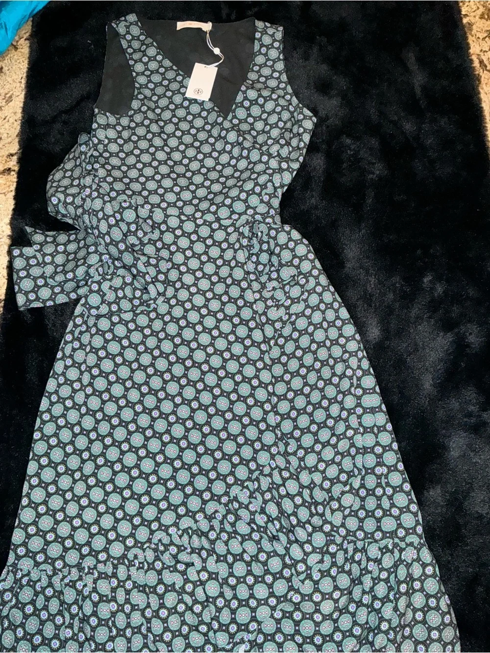 Tory Burch Ruffle Wrap Dress Black Medallion Maxi Dress with Teal Circular Print